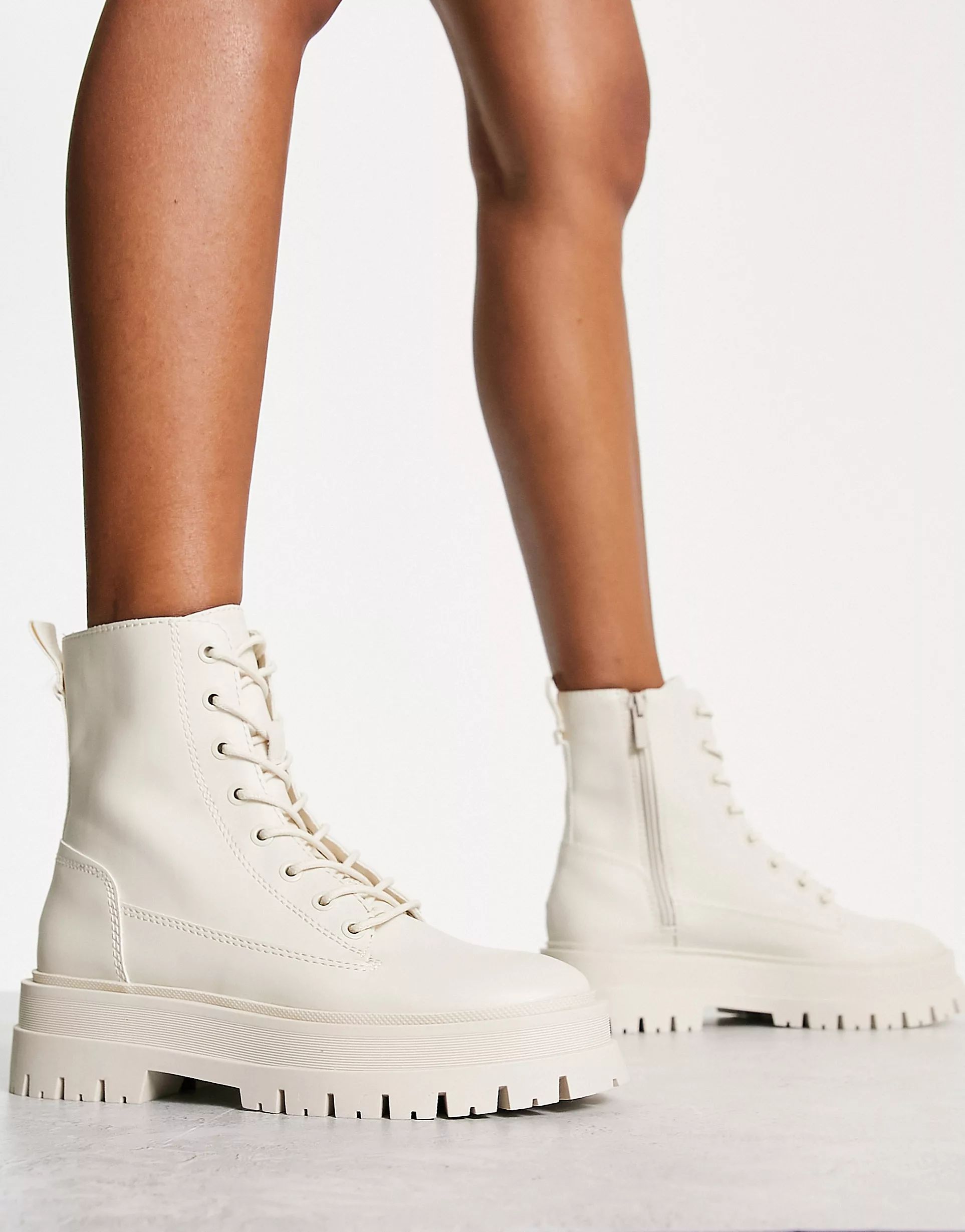 Stradivarius lace up flat ankle boot in ecru | ASOS (Global)