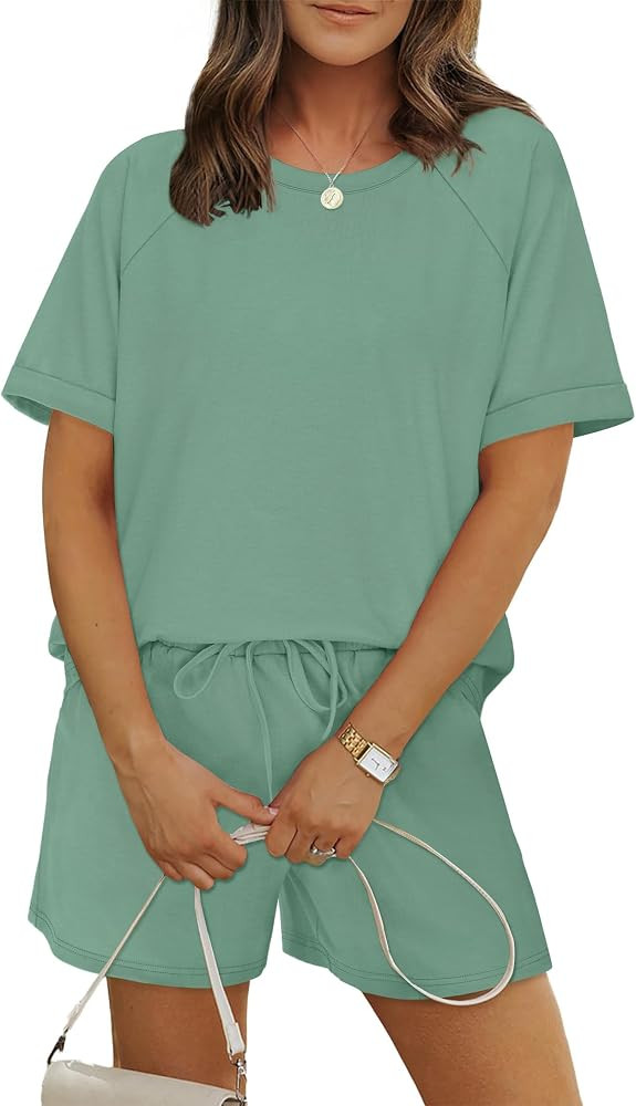 WIHOLL Two Piece Short Sets for Women Casual Summer Outfits Short Sleeve Crew Neck Lounge Matchin... | Amazon (US)