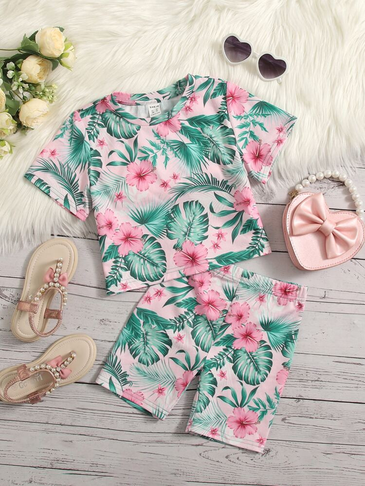 SHEIN Toddler Girls Tropical Print Tee & Shorts | SHEIN