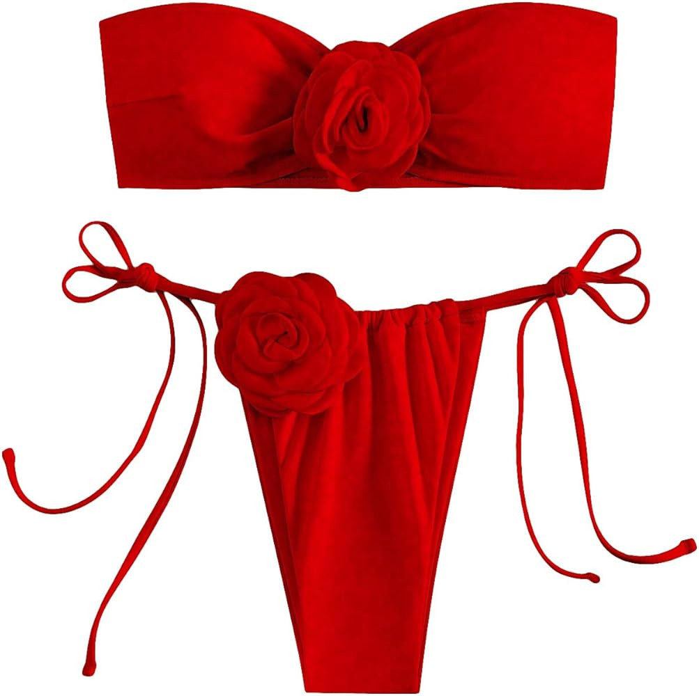 MakeMeChic Women's 2 Piece Bandeau Swimsuit 3D Floral Tie Side High Cut Bikini Set Bathing Suit | Amazon (US)