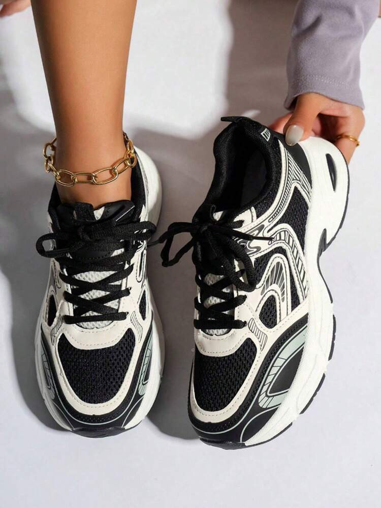 2025 Spring And Autumn New Thick-Soled Soft Leather Thick-Soled Sports Shoes, Fashionable Contrast Color Women's Dad Shoes Lightweight Mesh Casual Sports Shoes, Women's Shoes | SHEIN
