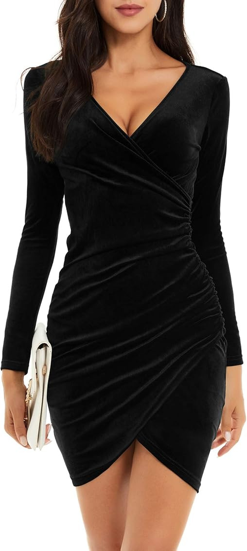GUBERRY Womens Wrap V Neck Long Sleeve Velvet Bodycon Ruched Cocktail Party Dress | Amazon (US)