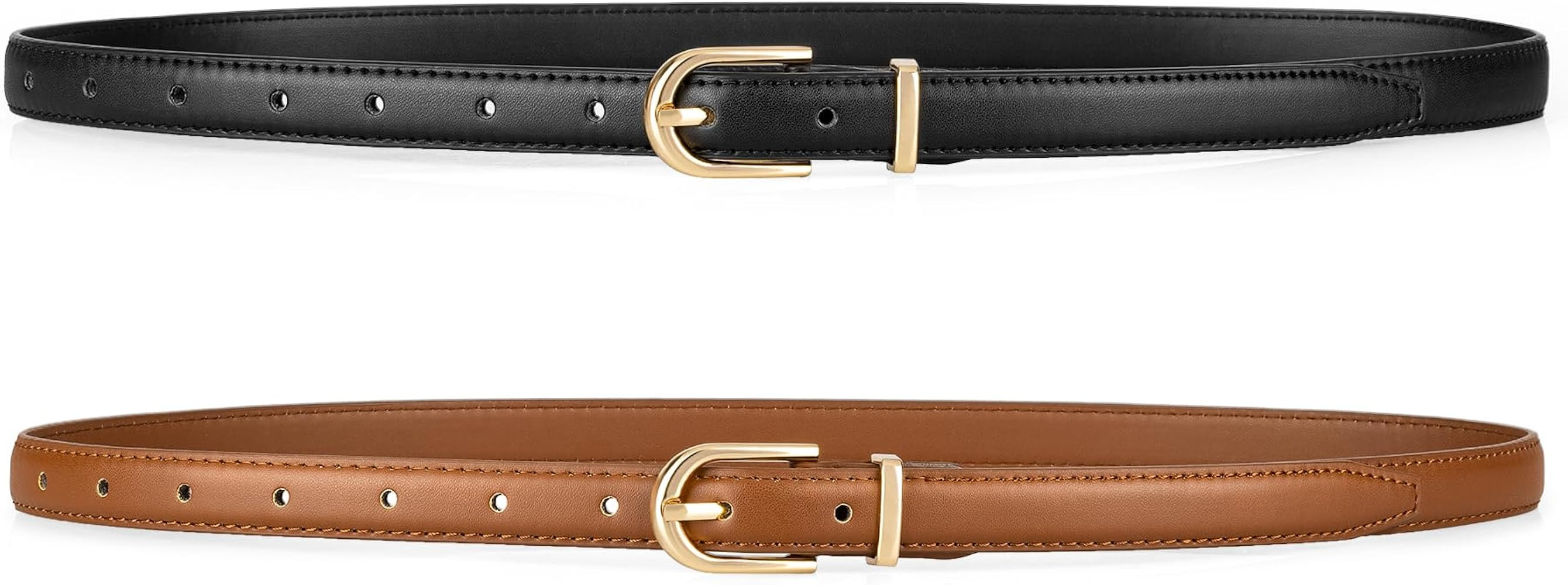 maikun 2 Pack Skinny Belt Women, Leather Waist Belt with Gold Alloy Buckle for Jeans Pants Dress | Amazon (US)