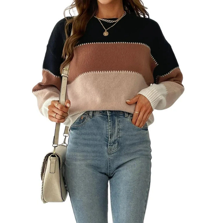 CUPSHE Womens Long Sleeve Colorblock Fall Winter Casual Knit Pullover Sweater Round Neck,M | Walmart (US)