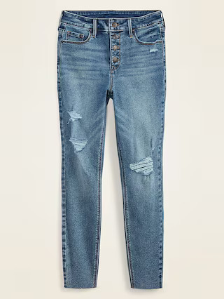 High-Waisted Button-Fly Distressed Rockstar Super Skinny Ankle Jeans for Women | Old Navy (US)