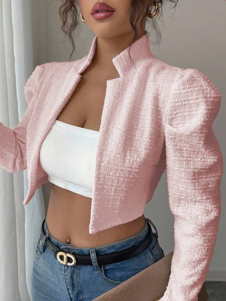 Elenzga Chaqueta Corta Ligera De Estilo Elegante Y De Alta Gama Para Otoño/Invierno, Con Cuello Alto, Manga Larga Y Tejido De Punto Texturizado Que Estiliza Las Piernas, Ideal Para Acción De Gracias, Halloween Y Estilo Callejero. | SHEIN