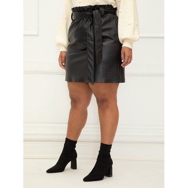 ELOQUII Elements Women's Plus Size Faux Leather Mini Skirt With Tie - Walmart.com | Walmart (US)