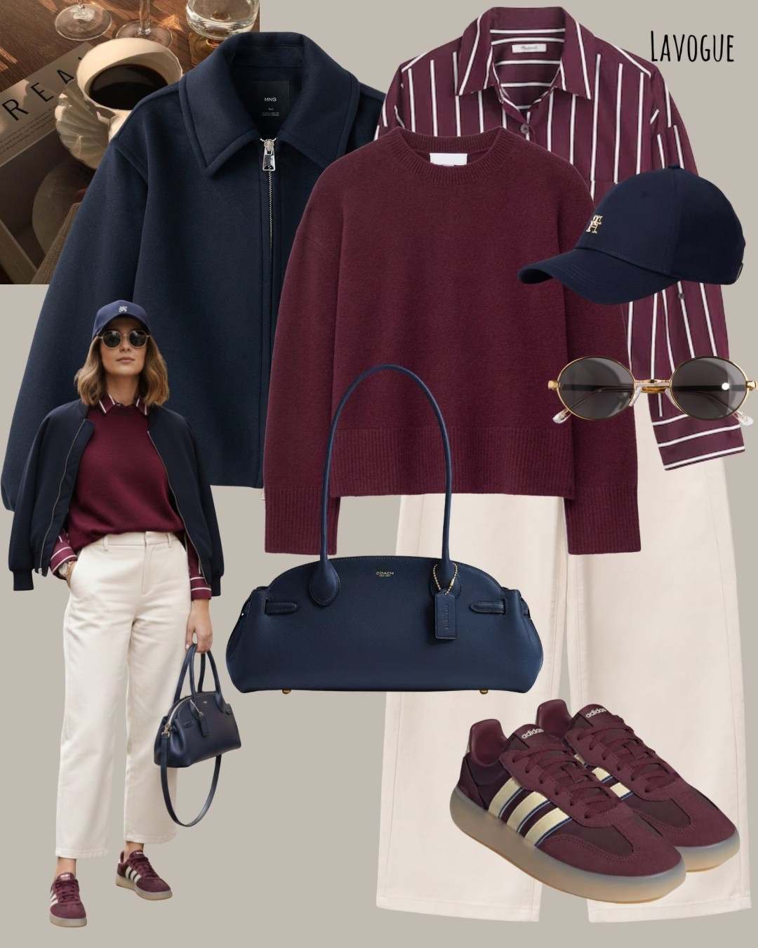 A navy jacket layered over a burgundy striped shirt and cozy burgundy sweater for rich, tonal depth. Cream pants keep it crisp, while burgundy sneakers add a sporty finish. Tied together with a navy Coach bag and matching cap for a clean, pulled-together look.

Shop Below 👇🏼 

#LTKSeasonal #LTKootd #LTKWorkwear