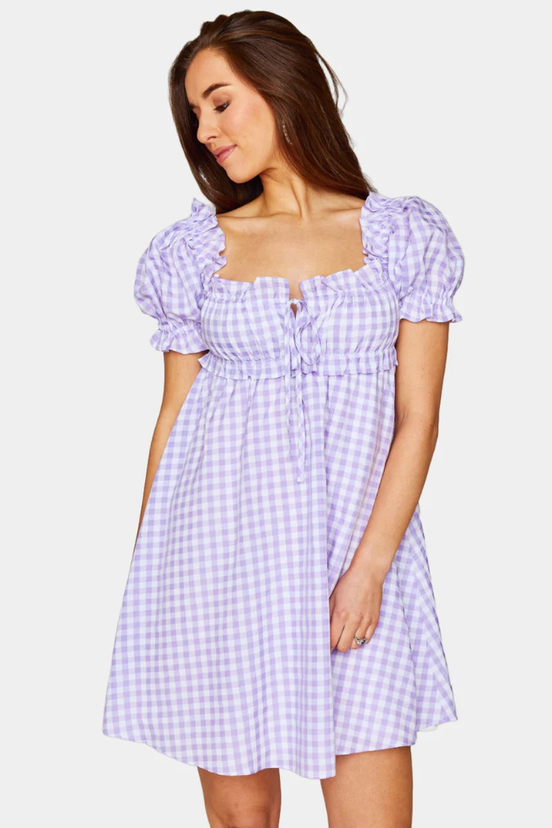 BuddyLove | Jac Puff Sleeve Short Dress | Purple Plaid | BuddyLove