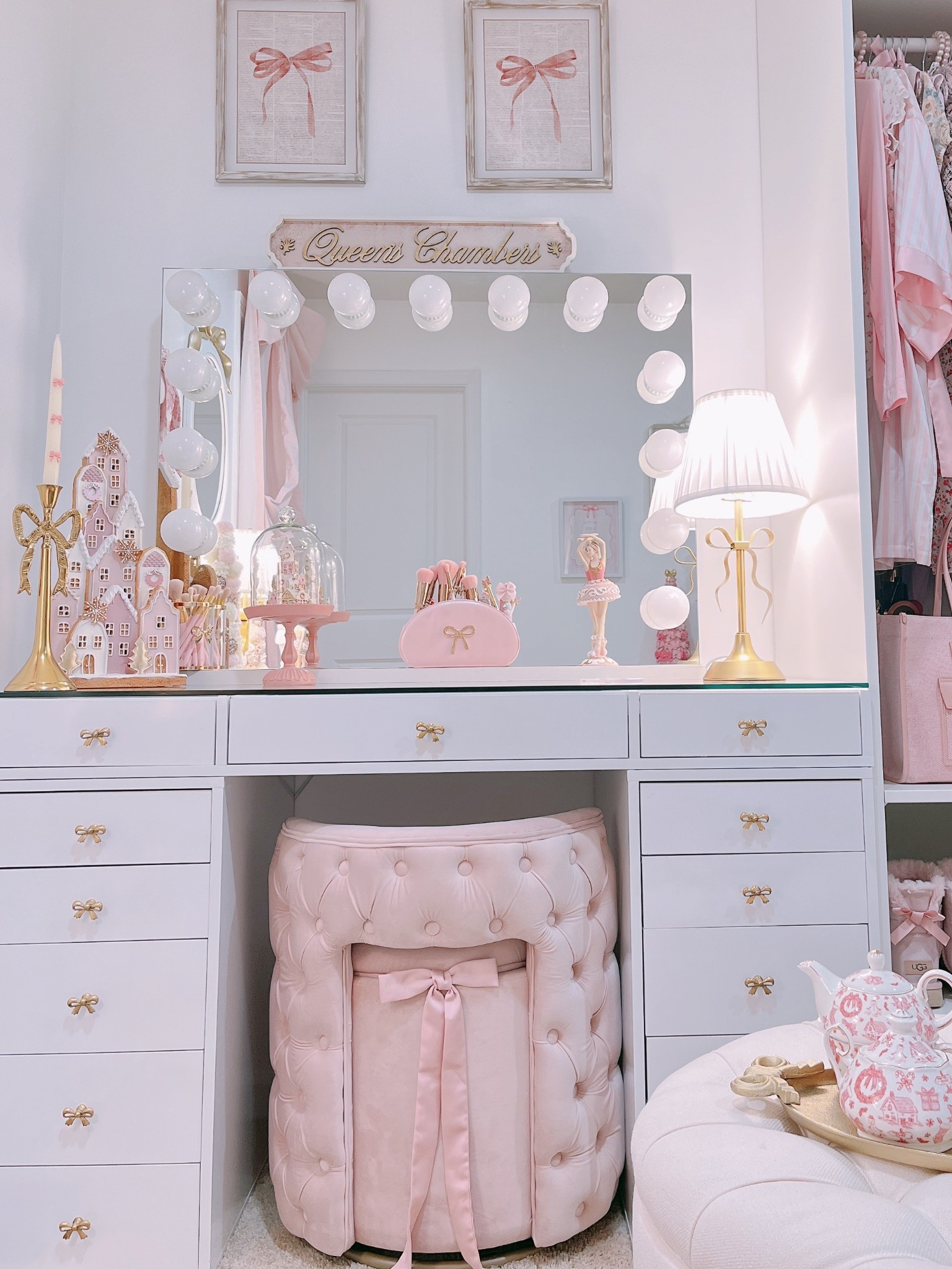 Glam room Vanity table and Gold Bow Knobs ✨