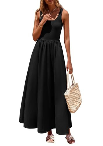 PRETTYGARDEN Womens Summer Casual Scoop Neck Sleeveless Long Dresses Tank Top Patchwork Aline Swing Maxi Dress with Pockets (Black,Large) | Amazon (US)