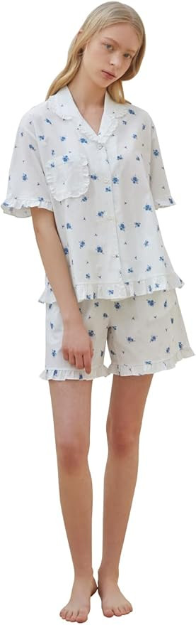 ULLALA Pajamas for Women Lolen Short sleeve Pair Ivory Vintage Soft Sleepwear 2Piece one Size Cot... | Amazon (US)