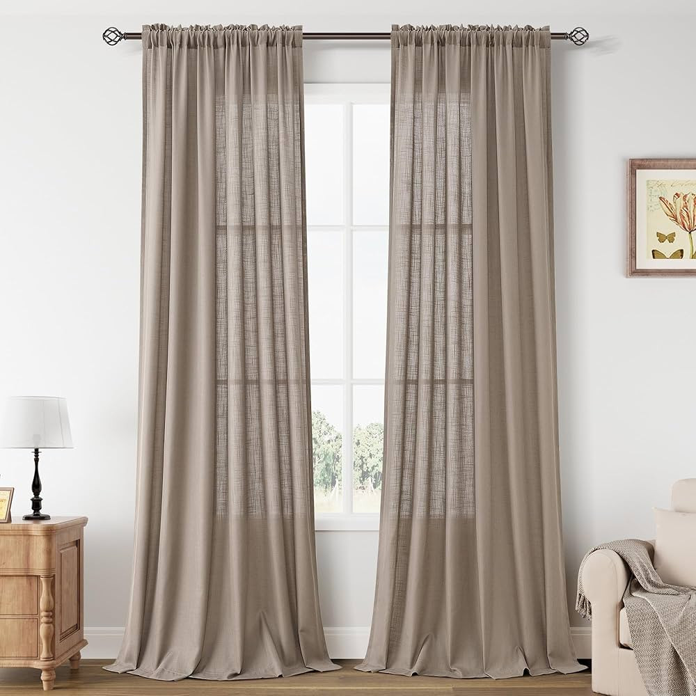 Guken Light Camel Linen Curtains 102 Inches Long 2 Panel Set Rod Pocket Semi Sheer Dining Room Co... | Amazon (US)