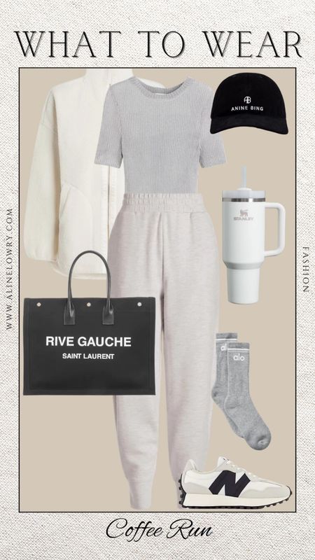 What to wear for a Coffee Run, winter lounge outfit, neutral winter outfit. Comfy Joggers, gray tee shirt, cozy white jacket, black baseball hat, most comfortable sneakers. 

#LTKSeasonal #LTKshoecrush #LTKstyletip