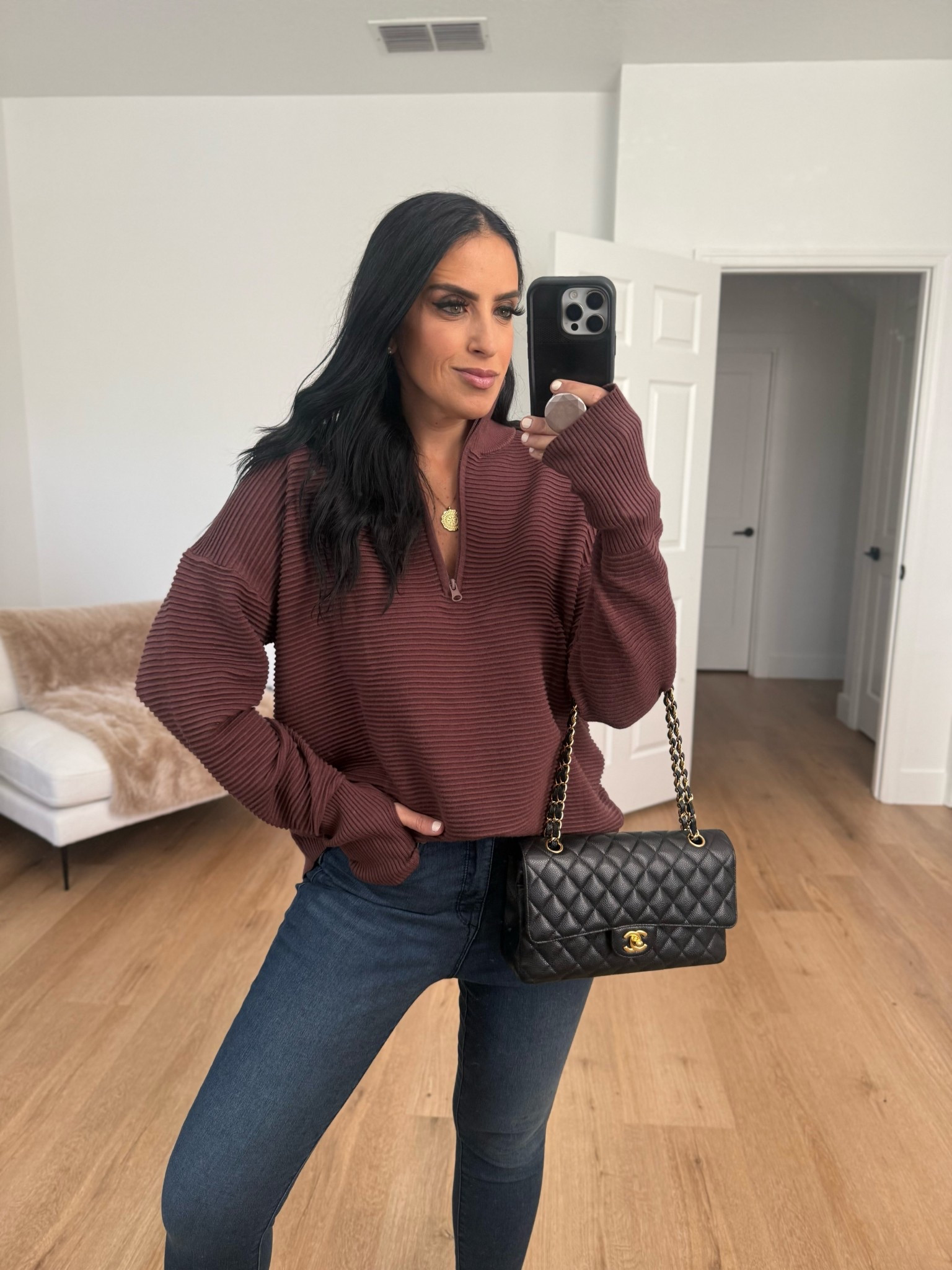 Long Sleeve Quarter Zip Pullover wearing size medium. 