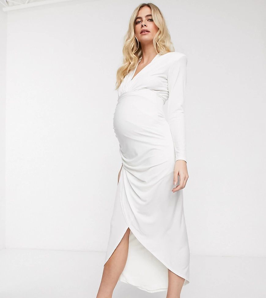 Queen Bee Maternity wrap front maxi dress in white | ASOS (Global)