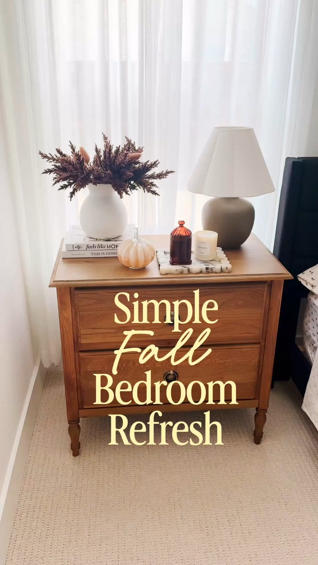 A simple fall bedroom refresh with warm wood tones, cozy layers and a few subtle seasonal accents. I added neutral fall decor to my nightstand with fall stems, a glass pumpkin, candle and warm-toned decorative accents for an easy way to make the bedroom feel cozy without completely redecorating. Linking the bedroom decor, nightstand styling pieces and similar neutral fall home finds to recreate this cozy fall bedroom look. Autumn decor | affordable fall decor | white vase | organic modern | neutral fall decor

#LTKHome #LTKSeasonal #LTKSaleAlert