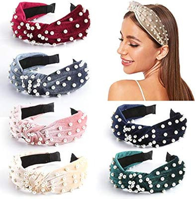 Makone Pearl Headbands for Women Top Knot Velvet Headband Vintage Wide Hairband with Pearl Elasti... | Amazon (US)