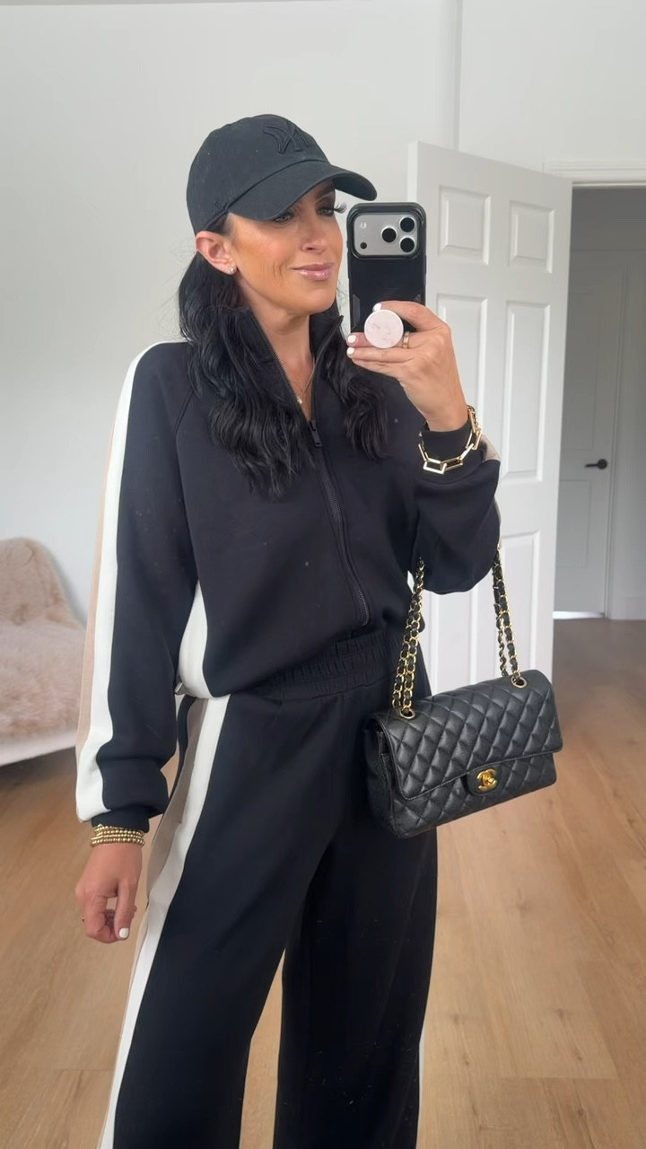 Spanx Air Essentials Colorblock track jacket- I’m wearing a size medium.

Spanx Air Essentials Colorblock track pant- I’m wearing a size medium