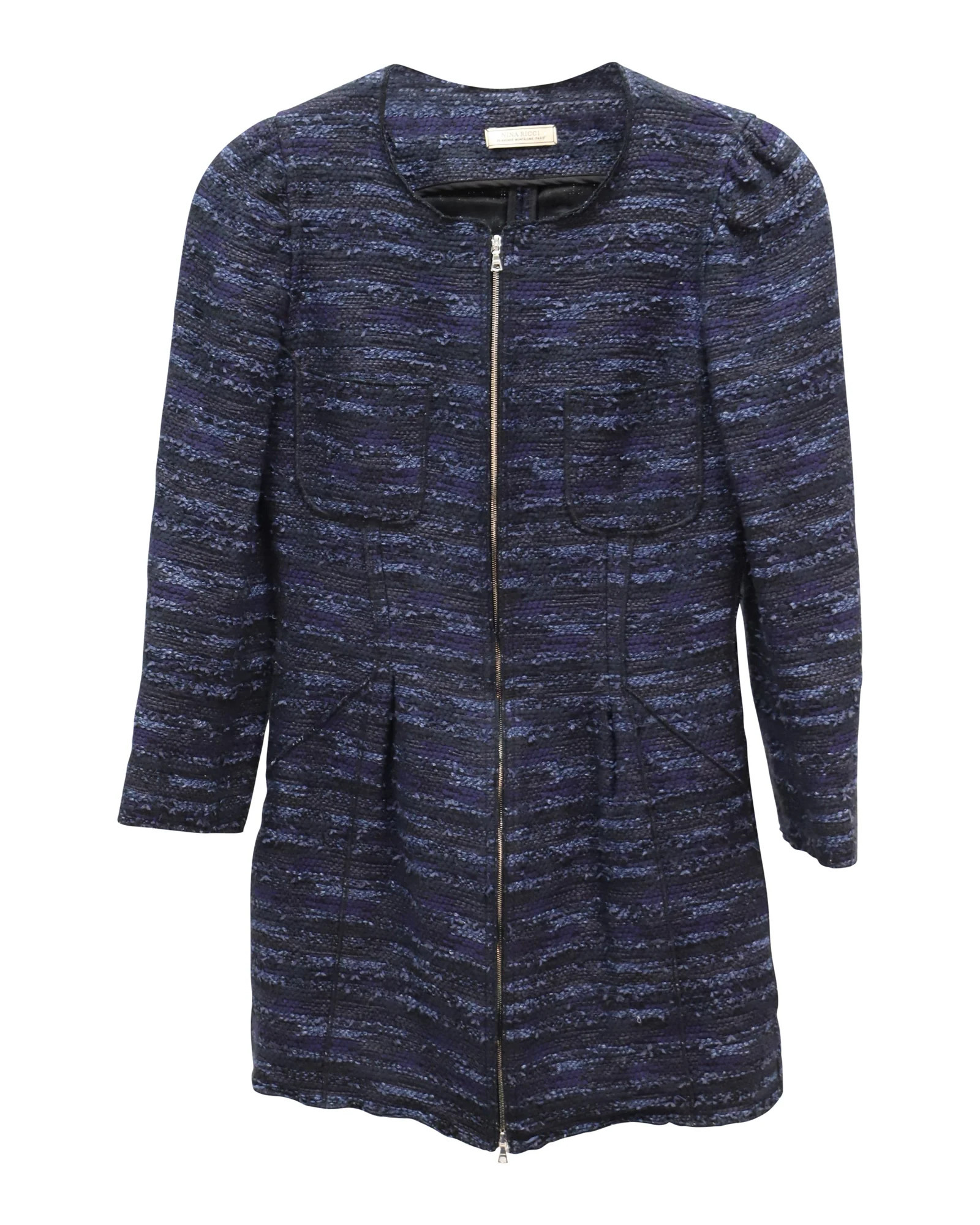 Nina Ricci Front-Zip Jacket in Navy Blue Acrylic Tweed | Shop Simon