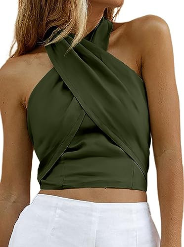 HYPERFIRE Women's Sexy Criss Cross Halter Sleeveless Wrap Front Backless Cami Crop Top Clubbing Dark Green X-Small | Amazon (US)