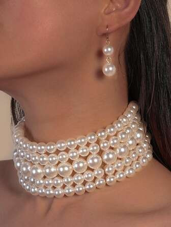 1pc Faux Pearl Beaded Necklace & 1pair Earrings | SHEIN