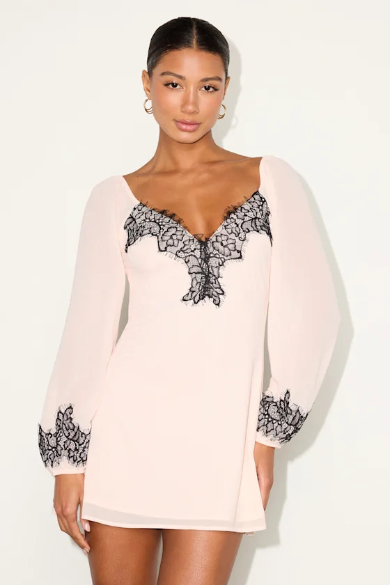 Jayella Blush Eyelash Lace Long Sleeve Mini Dress | Lulus