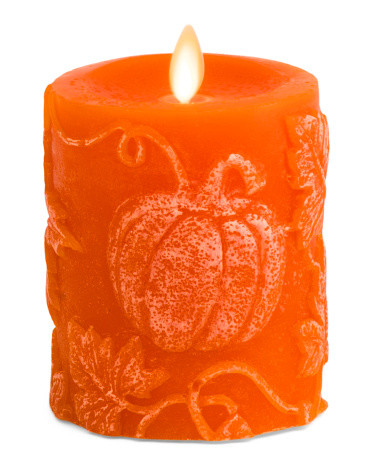 3.25X4.5 Chalky Embossed Pumpkin And Leaves Pillar Candle | TJ Maxx