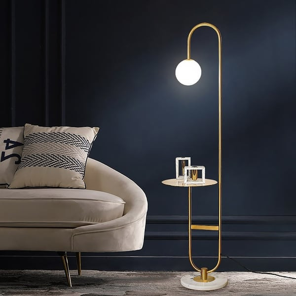 1500mm Modern Arc Floor Lamp with Shelf in Gold with Glass Shade & Marble Base | Homary