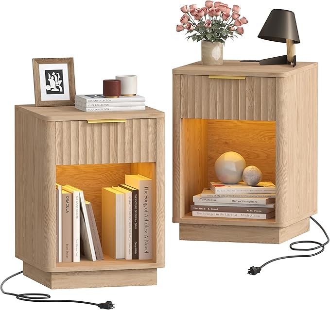 Akxomel Fluted Nightstands Set of 2, Wooden Night Stand with Charging Station and LED Light, Mode... | Amazon (US)