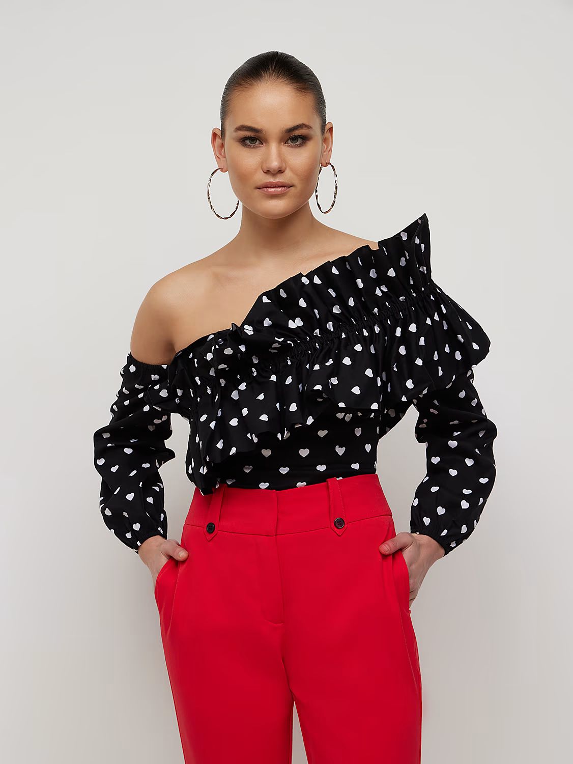 Polka-Dot Print One-Shoulder Ruffle Poplin Top - New York & Company | New York & Company