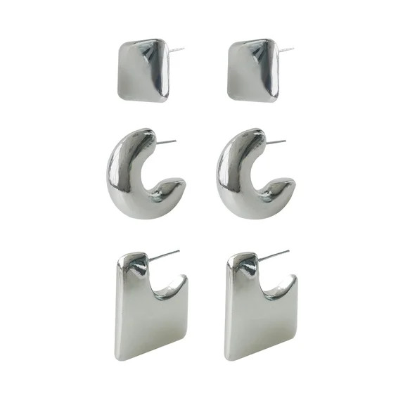 Time and Tru Women's Silver Plated Metal 3 Pair Hoop Earring Set | Walmart (US)