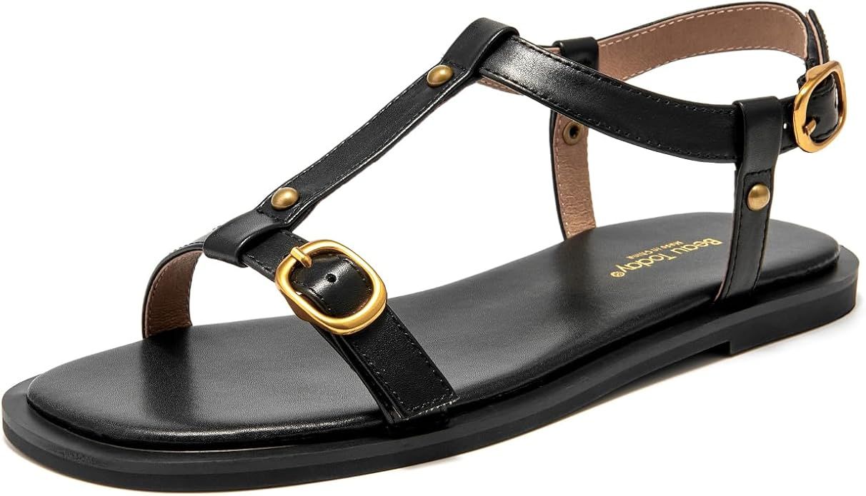 BEAU TODAY T-strap Sandals for Women, Women's Summer Flat Sandals, Womens Lightweight Summer Sand... | Amazon (US)