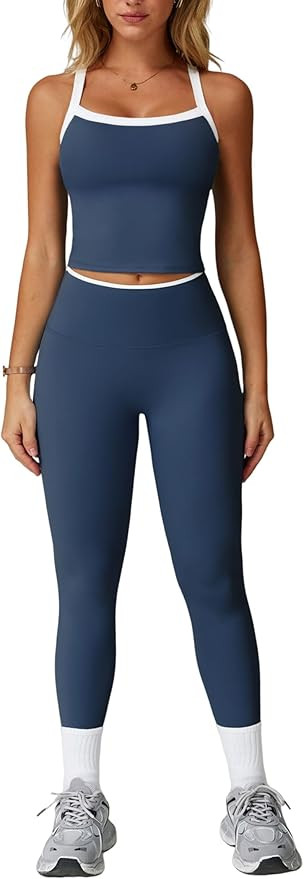 Women 2 Piece Workout Sets Padded Criss Cross Back Crop Tank High Waist Tummy Control Active Legg... | Amazon (US)