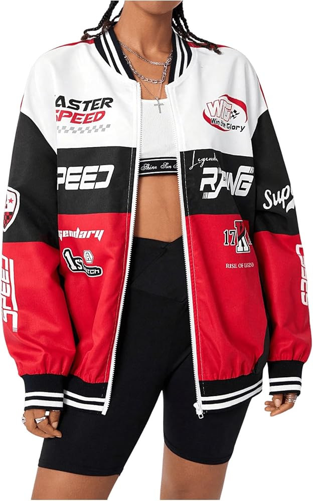 Verdusa Women's Graphic Motorcycle Racing Bomber Jacket Streetwear Zip Up Outerwear Y2k Fall Jack... | Amazon (US)