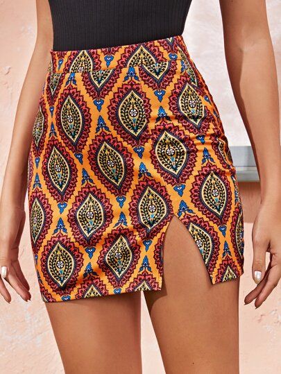 SHEIN Split Hem Tribal Print Bodycon Skirt | SHEIN