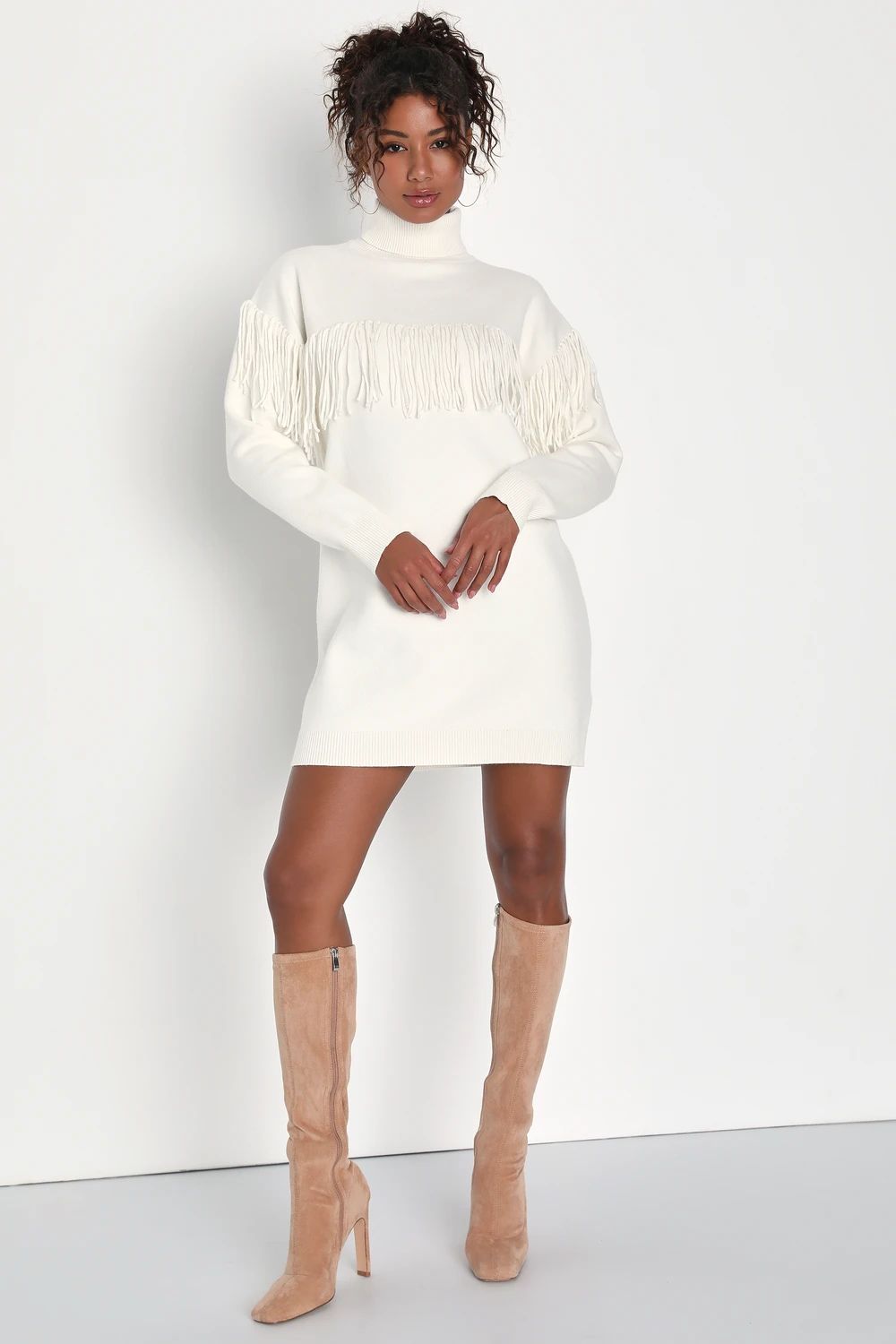 Cozy Obsession Ivory Turtleneck Fringe Mini Sweater Dress | Lulus (US)