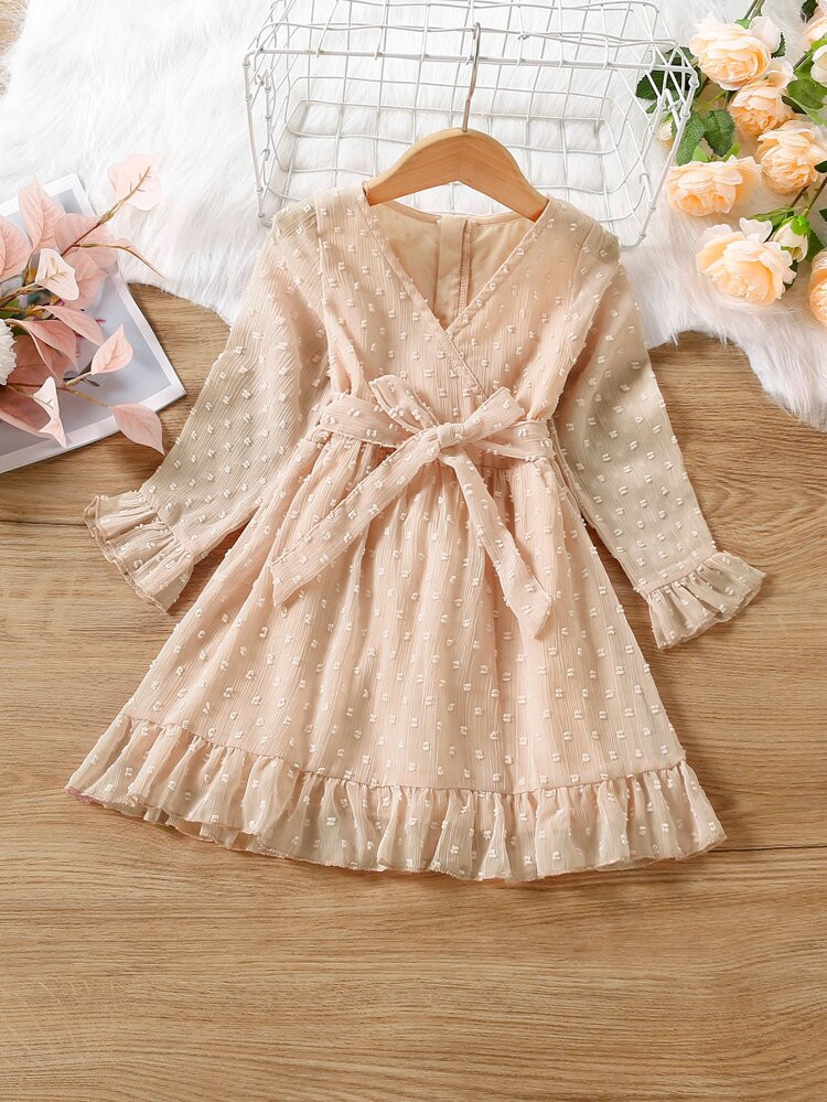 Toddler Girls Swiss Dot Flounce Sleeve Ruffle Hem Belted Dress | SHEIN