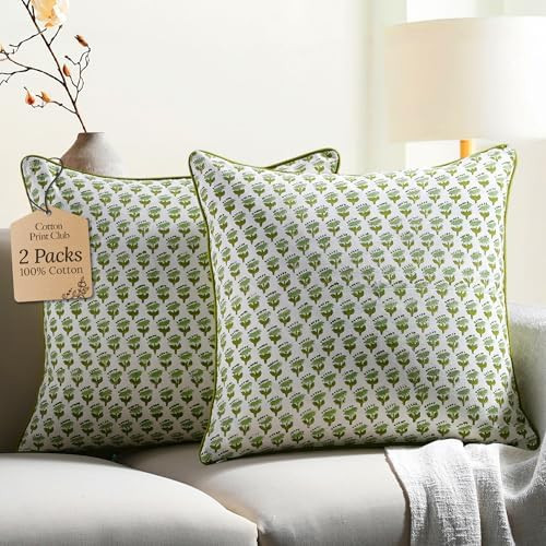 CPC 100% Cotton Throw Pillow Covers 24x24 Inch, Set of 2 Green Block Print Pattern Couch Pillow, ... | Amazon (US)