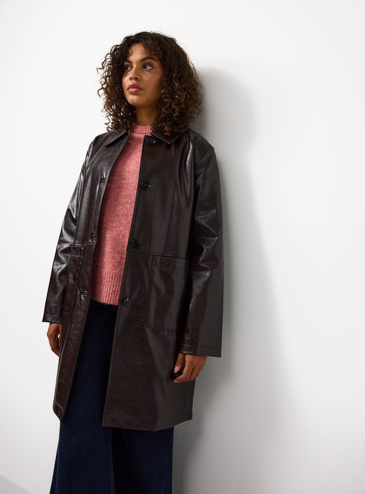 Brown Patent Faux Leather Coat | Tu Clothing