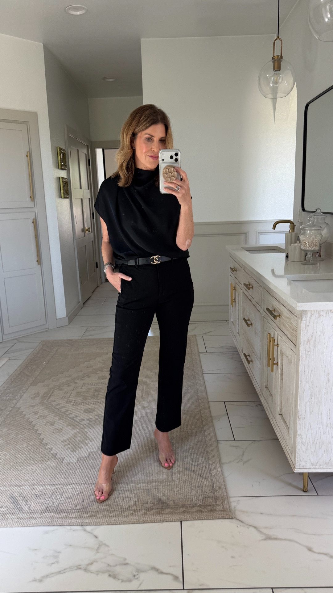 Wearing a size 4 in these ankle straight black pants and a small blouse 

#LTKootd #LTKOver40