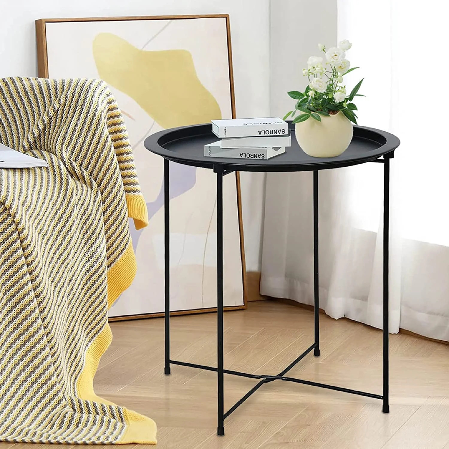 Folding Tray Metal Side Table Round End Table, Black Sofa Small Accent Fold-able Table, Round End... | Walmart (US)