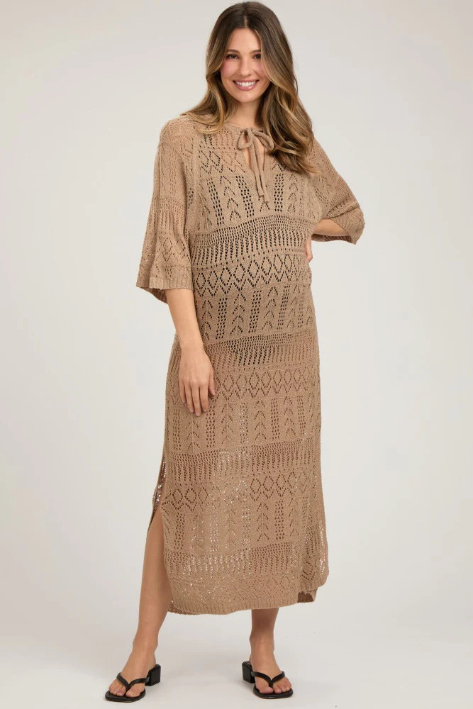 Taupe Open Knit Front Tie Side Slit Midi Maternity Swim Cover Up | PinkBlush Maternity