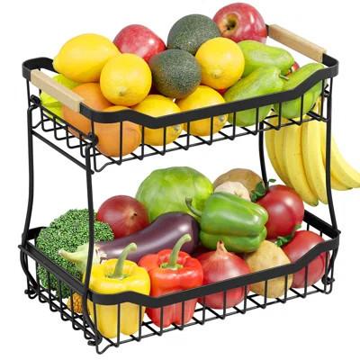 Fruit Basket - 2 Tier Fruit Basket for Kitchen Counter, Detachable Fruit Vegetable Basket with Banana Hanger, Metal Countertop Fruit Stand with Wooden | Wayfair North America