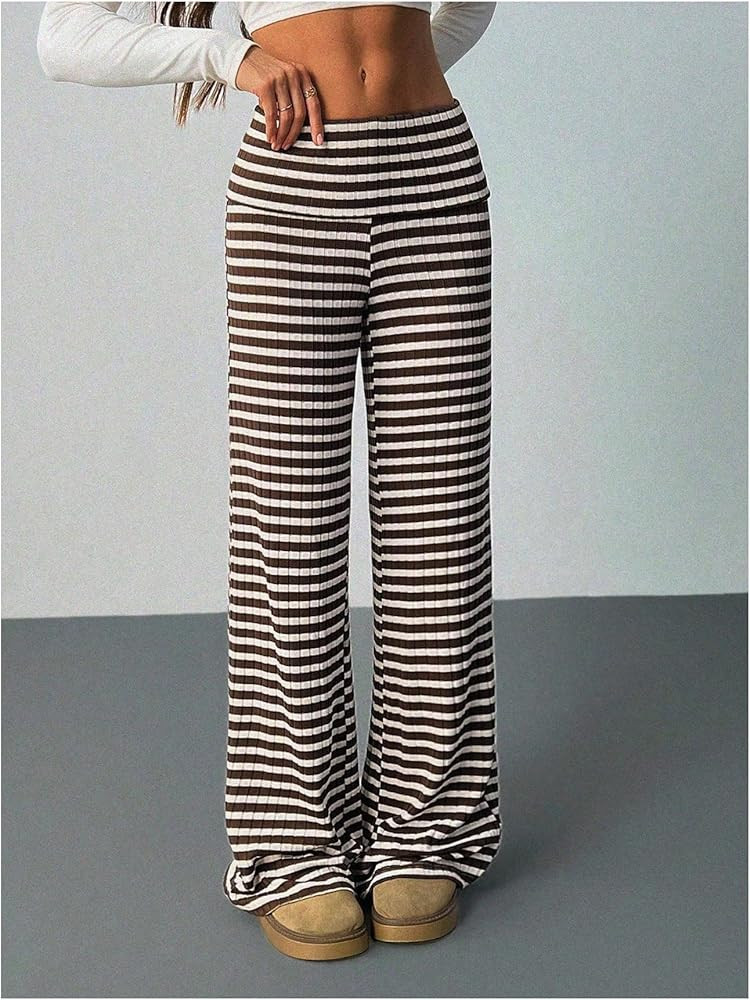 Women's Striped Ribbed Knit Wide Leg Pants Foldover Elastic Waist Casual Lounge Trousers | Amazon (US)