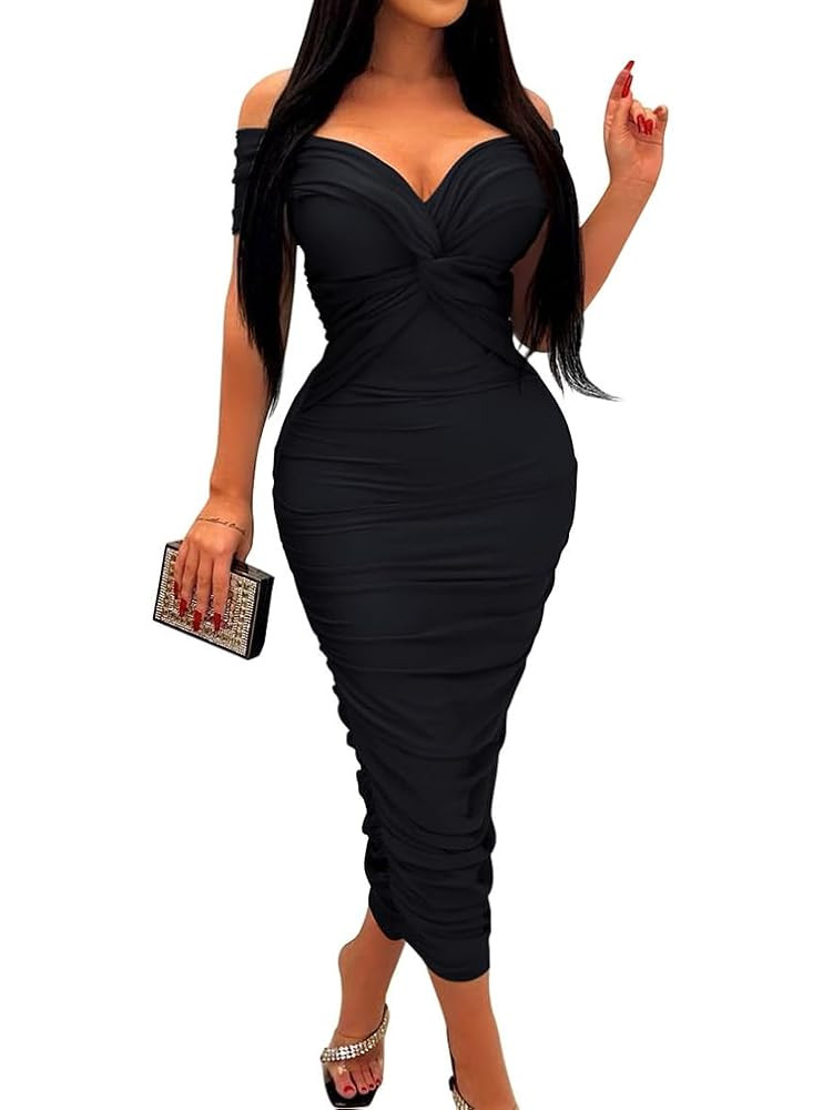 BEAGIMEG Women's Sexy Elegant Bodycon Sleeveless Ruched Off Shoulder Night Party Cocktail Midi Dr... | Amazon (US)