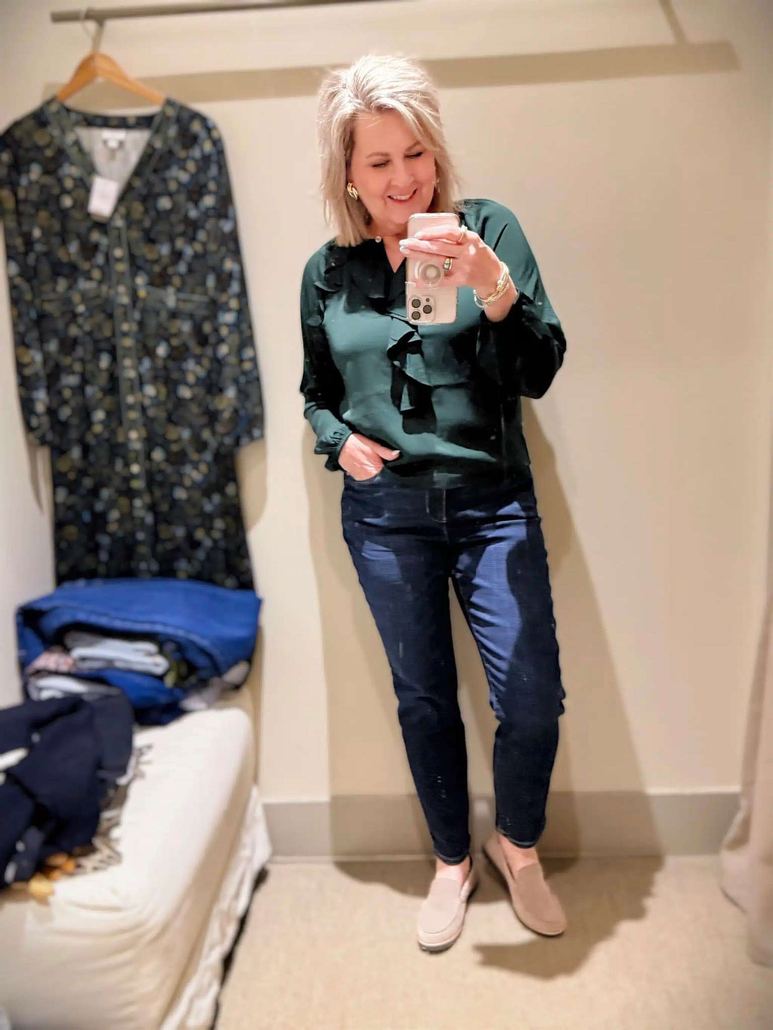 More new arrivals from J. Jill! This ruffle blouse looks great with my slim leg jeans for a more casual outfit, but this blouse could be dressed up with black pants or a satin skirt. Blouse is a small and jeans are size 8. 

#LTKHoliday #LTKOver40 #LTKWorkwear
