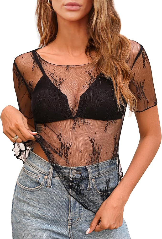 Aoulaydo Mesh top Lace Short Sleeve Tops Layering Top for Women Round Neck Floral Sheer See Throu... | Amazon (US)
