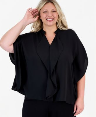 Anne Klein Plus Size Split-Neck Ruffle-Front Dolman-Sleeve Blouse - Anne Black | Macy's