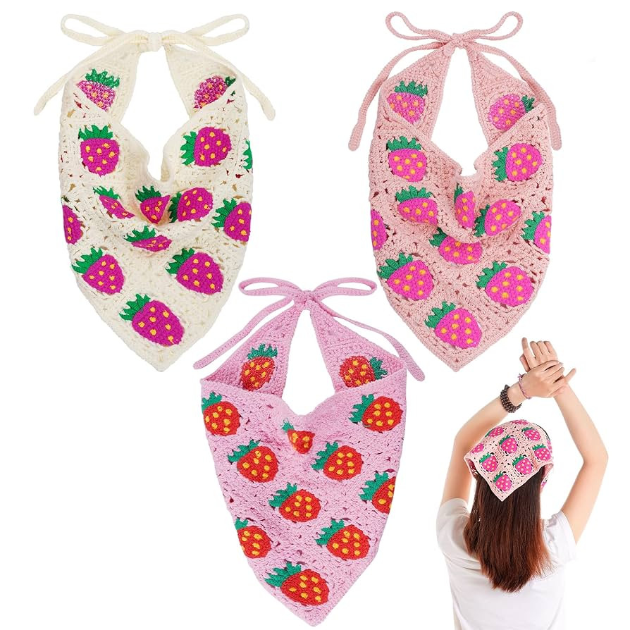 hoyuwak 3pcs Strawberry Crochet Head Scarf Bandanas Headbands Hair Scarf Head Coverings Hair Acce... | Amazon (UK)